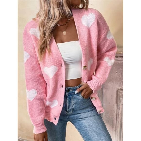 Heart Button Up Cardigan-Pink/White - Picture 4 of 6